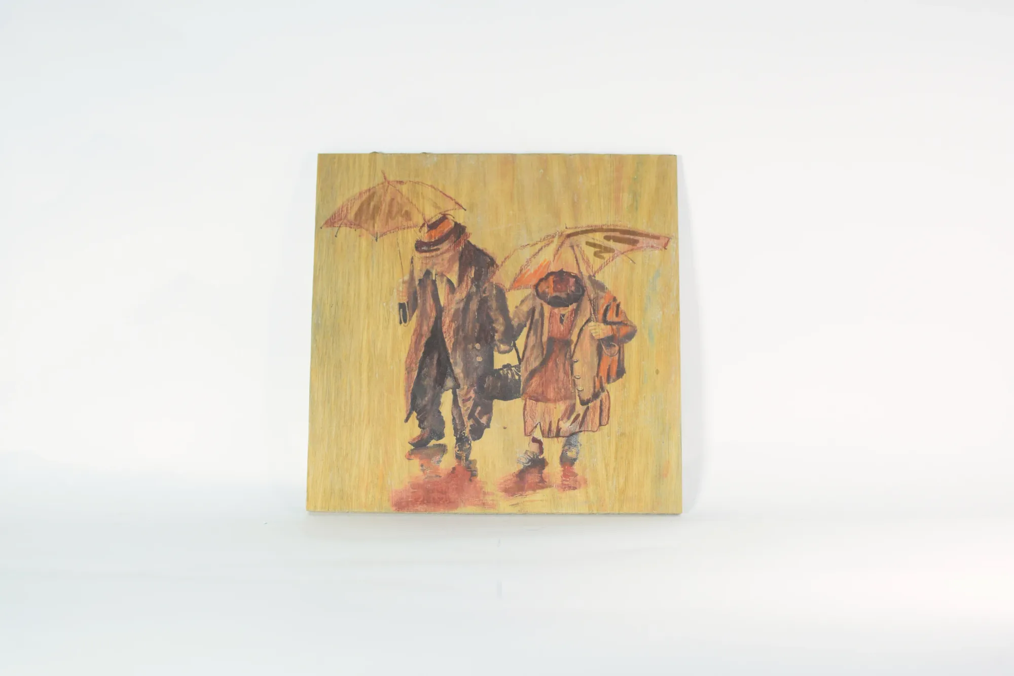 Painting on oak frame [Couple in the rain]